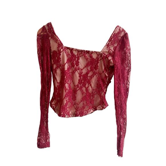 Madden Girl Juniors Bustier Lace Top Size Medium Burgundy Nude Combo Cropped - Picture 3 of 9